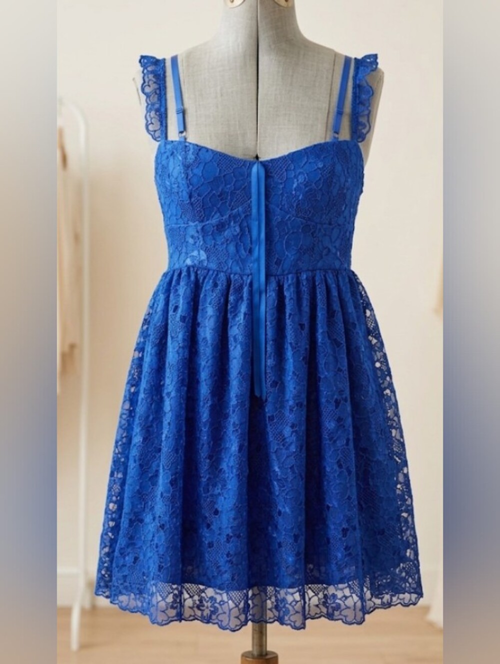 Anthropologie Royal Blue Ruffle Strap Corset Lace Mini Dress (M) Event Feminine